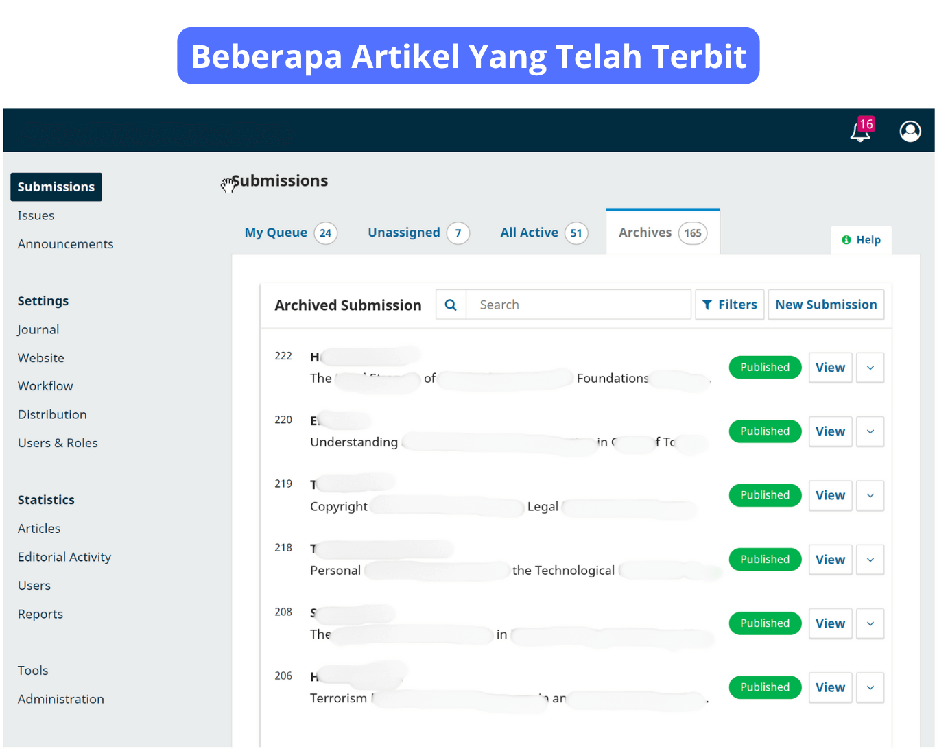 Dashboard jurnal — artikel terbit